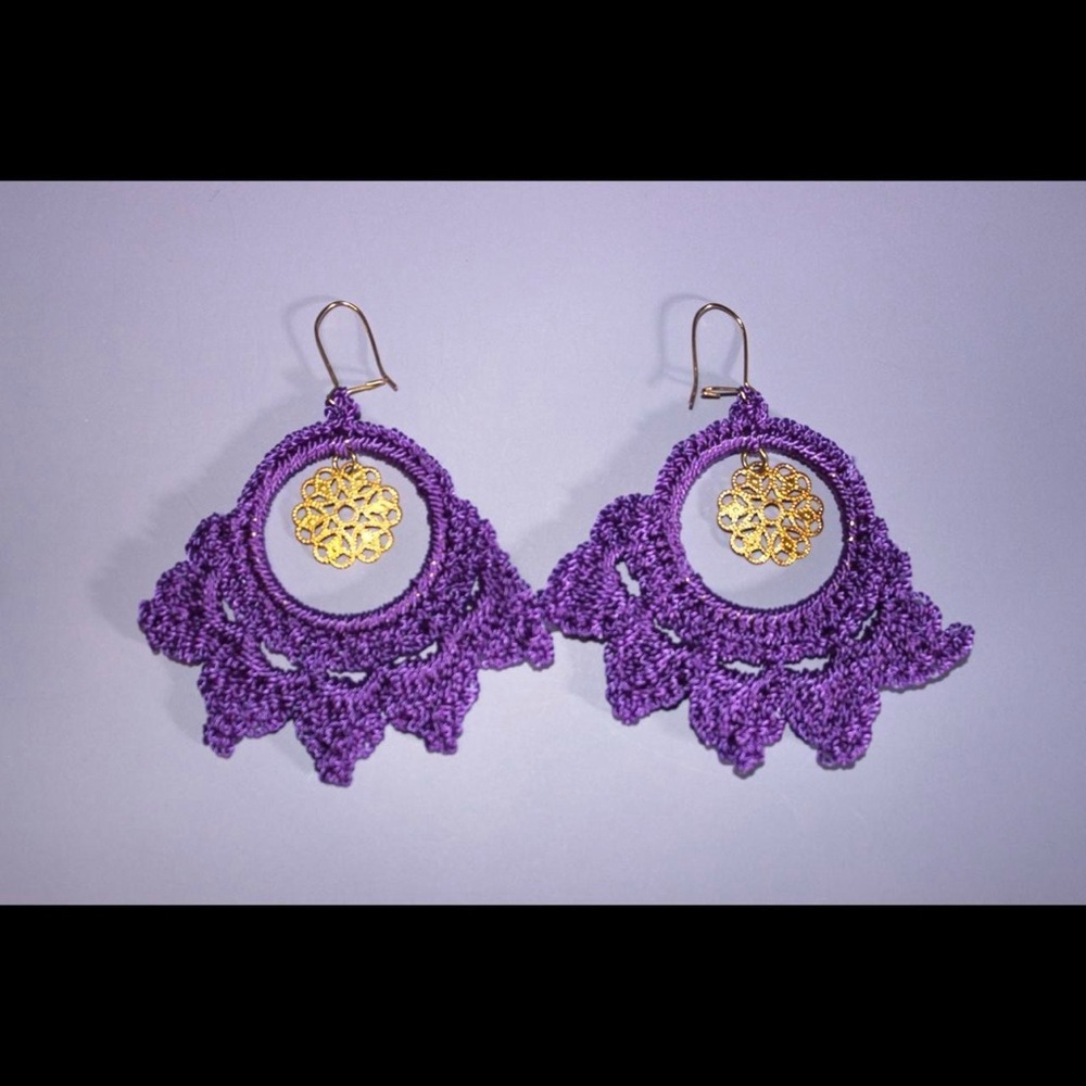 Purple and Gold Crochet Earrings